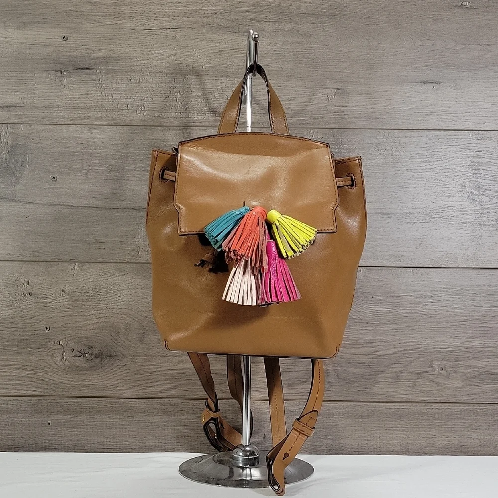 Rebecca Minkoff Tan Leather Backpack with Multicolor Tassels